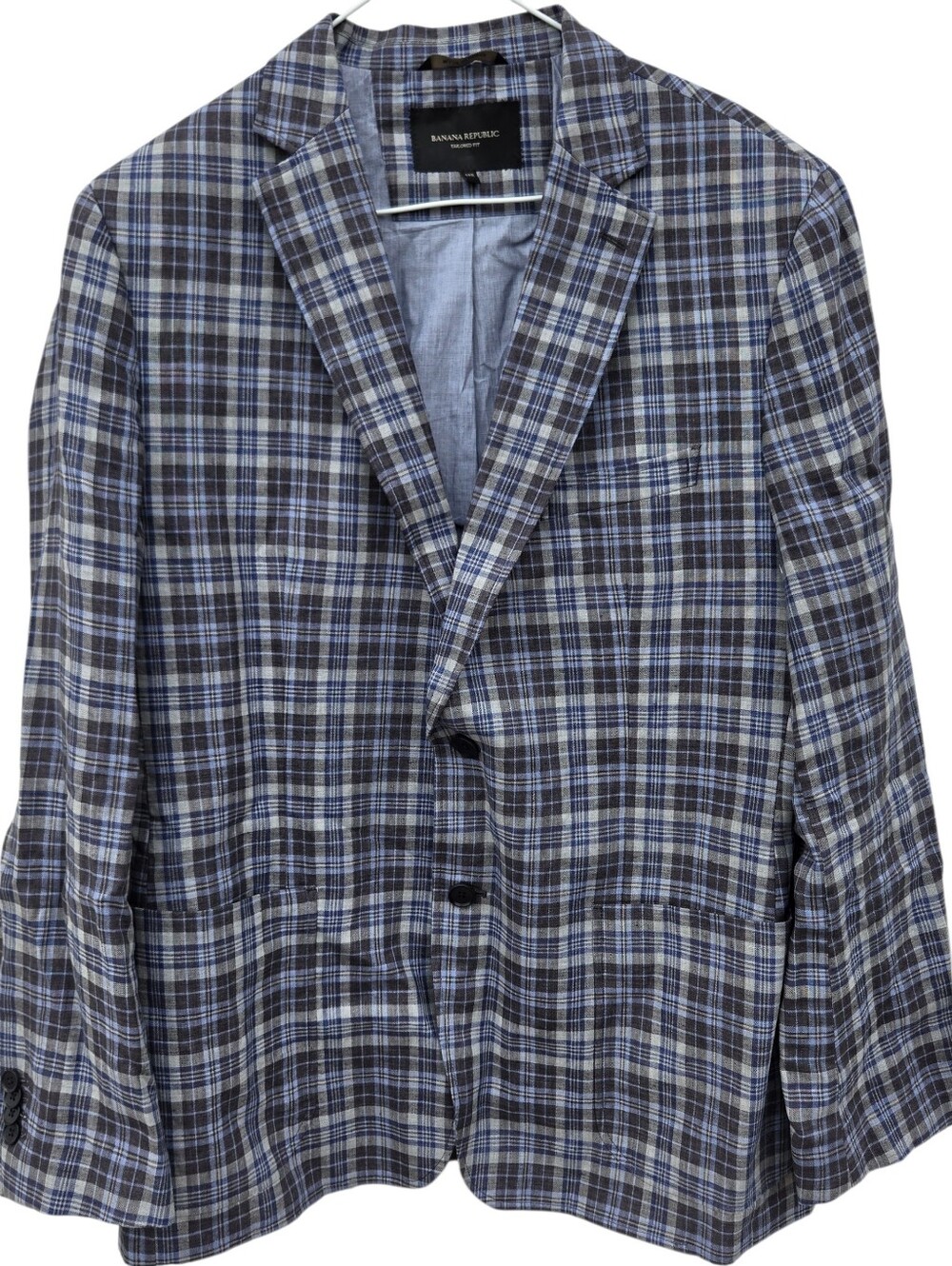 Banana Republic Mens Linen Blue Gray Plaid Sports Coat 44 Regular